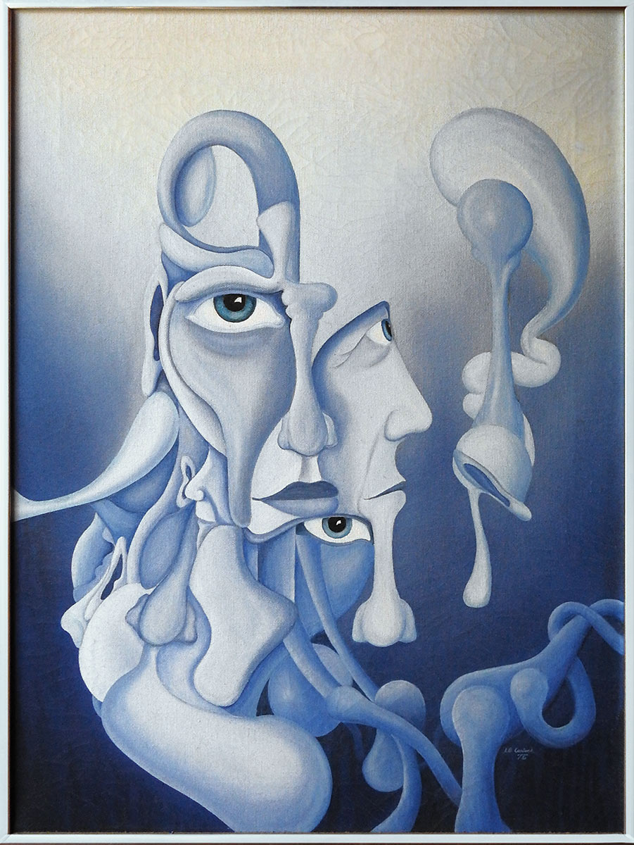 Blue Man Surrealistic painting of blue blobs resembling human body parts hanging in bluish air.