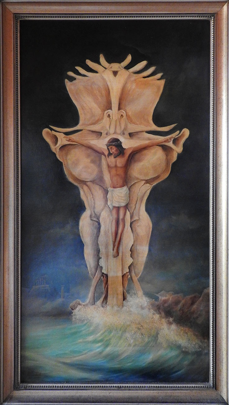 Surrealistic depiction of the Crucifixion with Jesus crucified on a catfish skull bone in the sea, oil painting