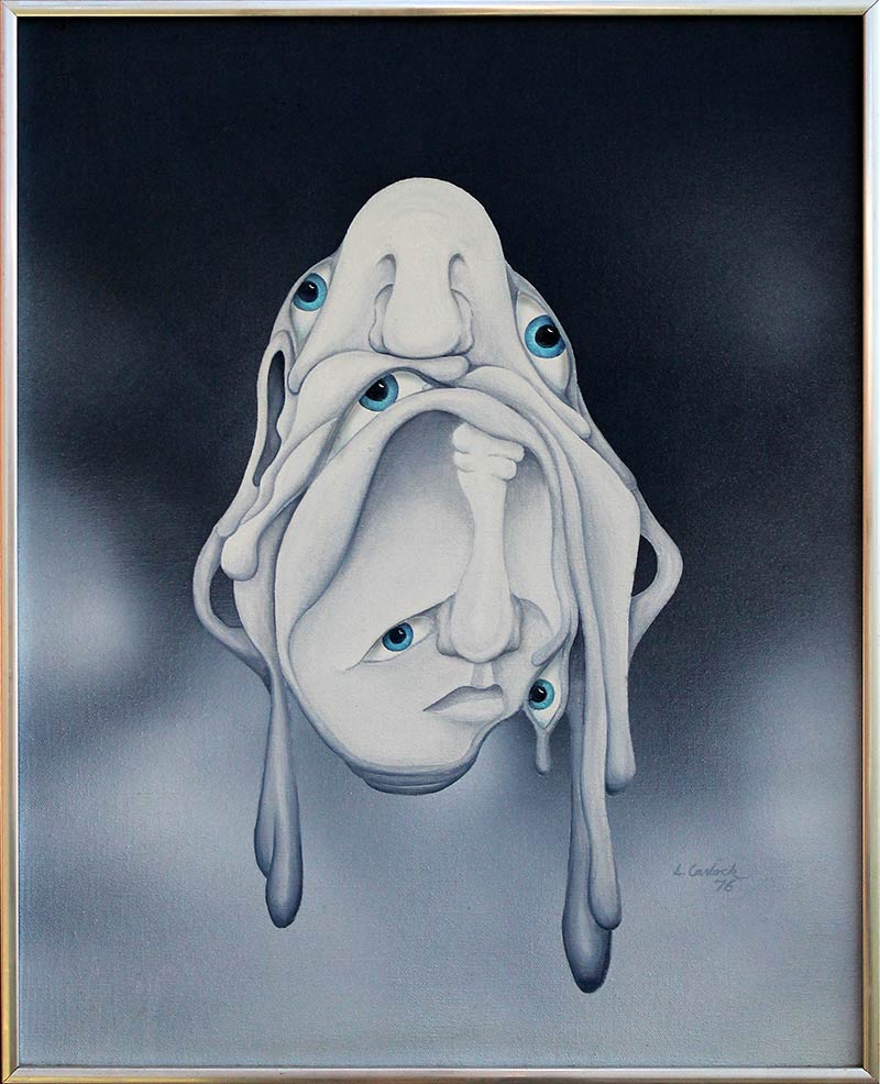 Droopyface Surrealistic painting of grey blob hanging in air with five eyes, two noses, and hanging rounded tentacles.