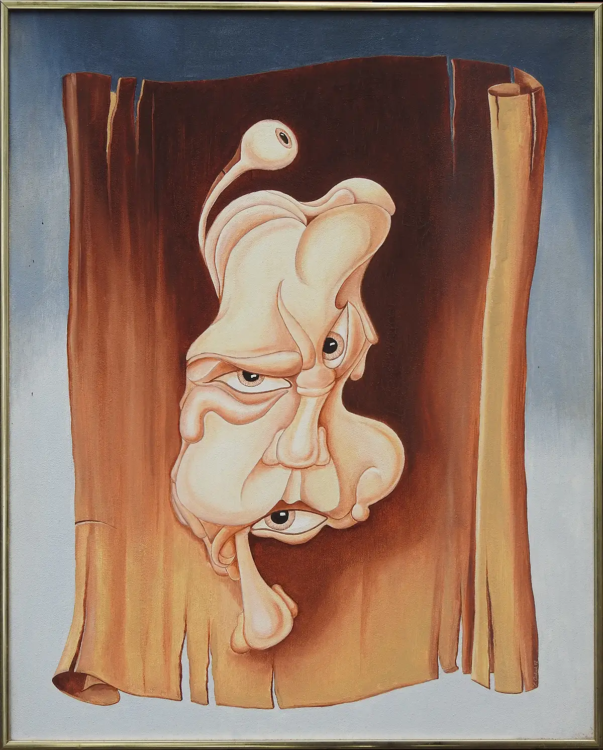 Scroll Surrealistic painting od distorted human face on torn brown scroll